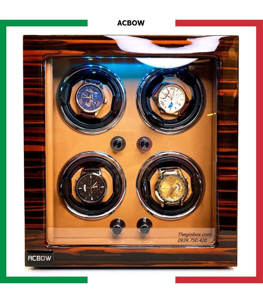 Tủ xoay đồng hồ cơ ACBOW 4 ngăn mở khóa vân tay + đèn LED + nội thất da nâu