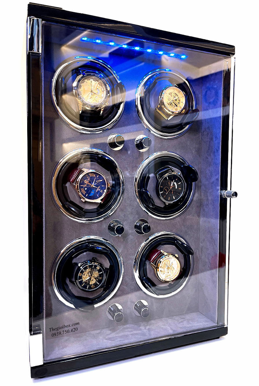 Tủ đựng đồng hồ cơ ACBOW xoay lắc - 6 ngăn - nội thất nhung xám - có LED - giá rẻ
