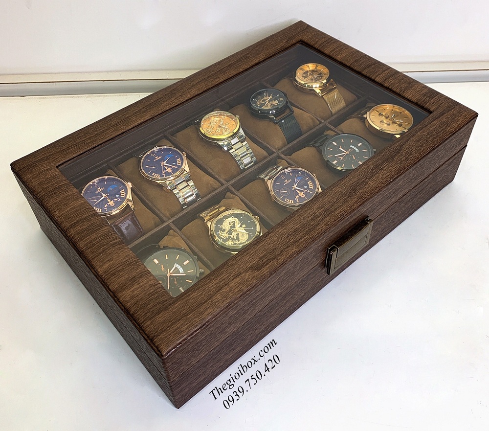 hộp đựng 10 chiếc đồng hồ bằng da nâu vân gỗ nắp kính cao cấp
