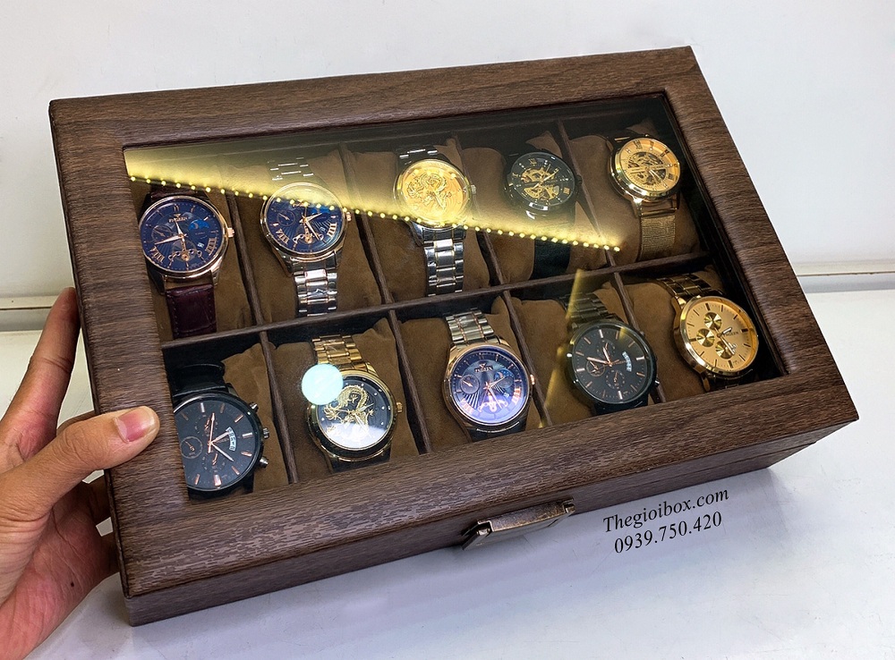 hộp đựng 10 chiếc đồng hồ bằng da nâu vân gỗ nắp kính cao cấp