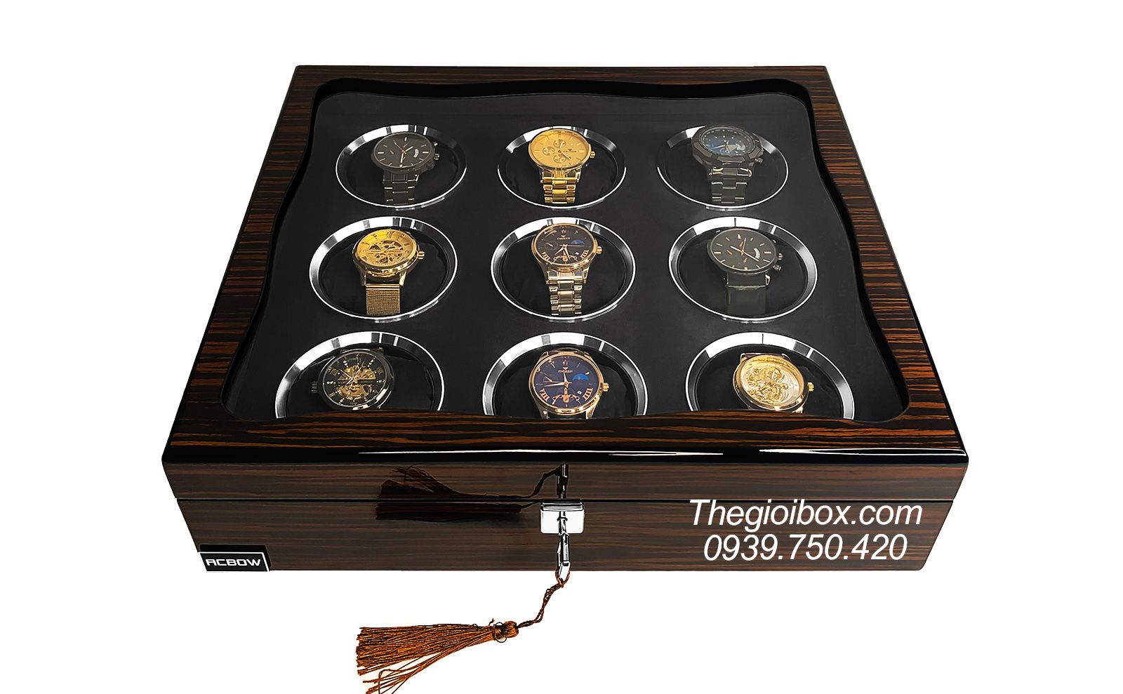 Hộp đựng trưng bày đồng hồ ACBOW 9 ngăn vỏ gỗ Piano màu Ebony cao cấp nhỏ gọn