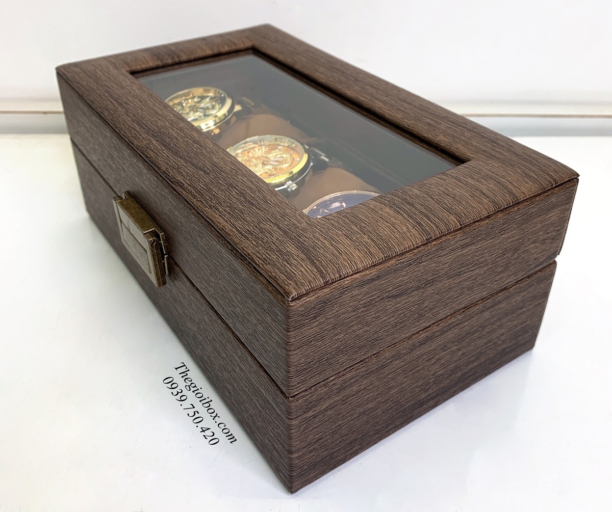 hộp đựng đồng hồ 3 ngăn vỏ da vân gỗ nắp kính cao cấp