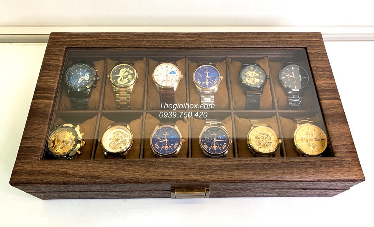 hộp đựng 12 chiếc đồng hồ vỏ da vân gỗ cao cấp sang trọng