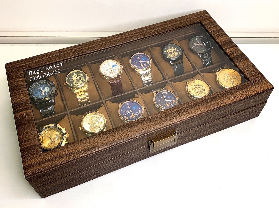 hộp đựng 12 chiếc đồng hồ vỏ da vân gỗ cao cấp sang trọng