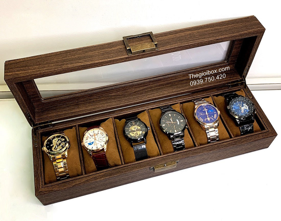 hộp đựng 6 chiếc đồng hồ vỏ da vân gỗ cao cấp