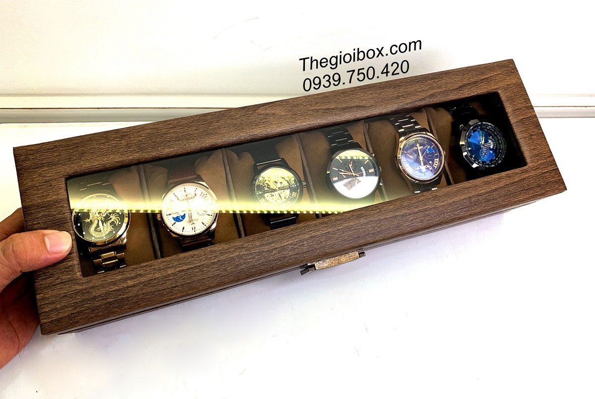 hộp đựng 6 chiếc đồng hồ vỏ da vân gỗ cao cấp