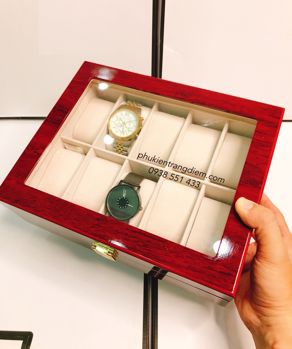 bán hộp đựng đồng hồ bằng gỗ 10 ngăn màu đỏ cao cấp