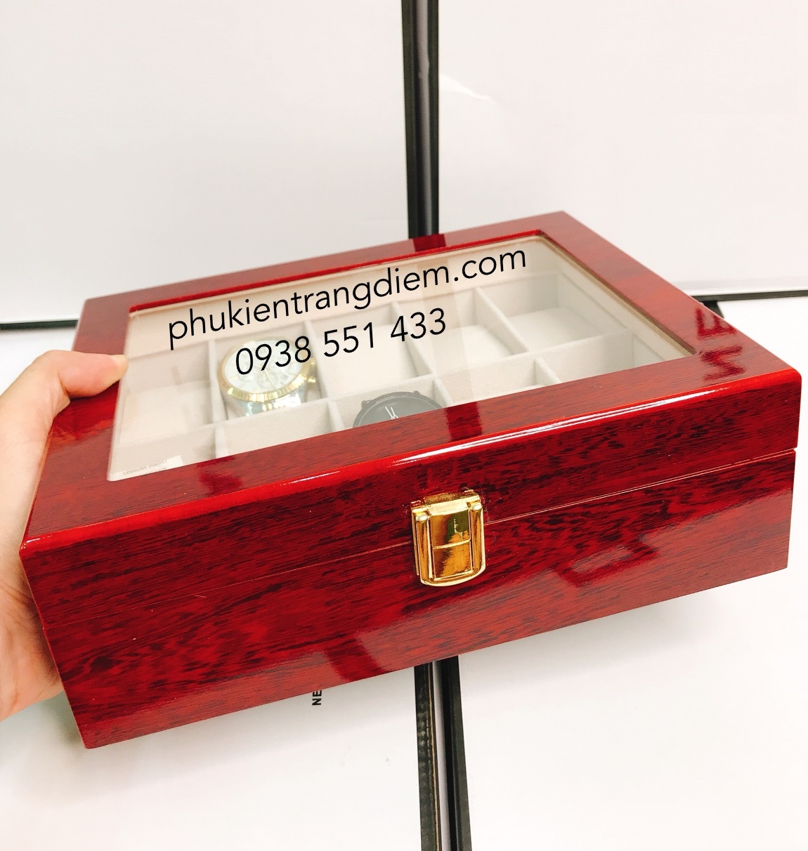 bán hộp đựng đồng hồ bằng gỗ 10 ngăn màu đỏ cao cấp