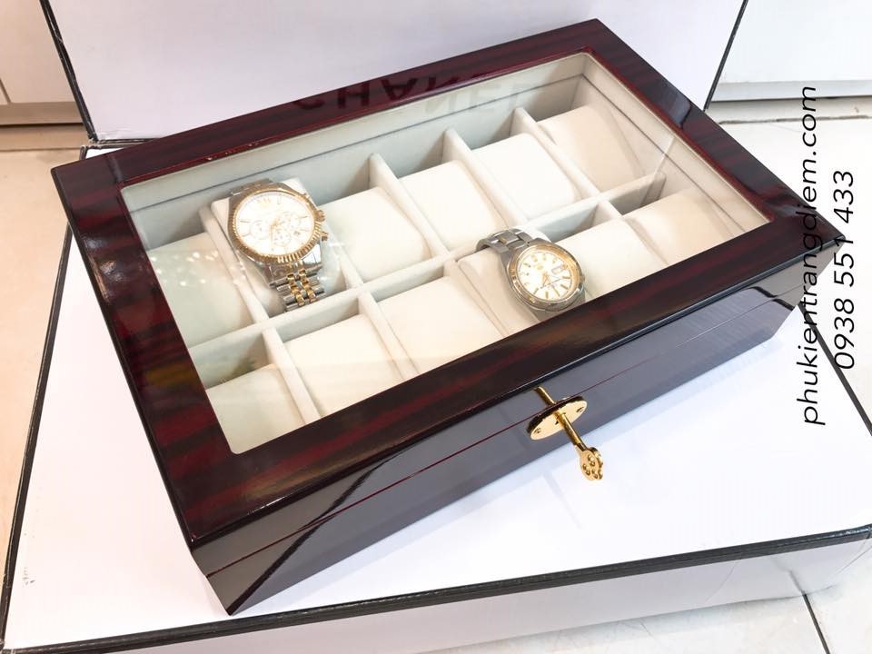 hộp đựng đồng hồ vỏ gỗ 12 ngăn có khóa cao cấp giá rẻ tphcm