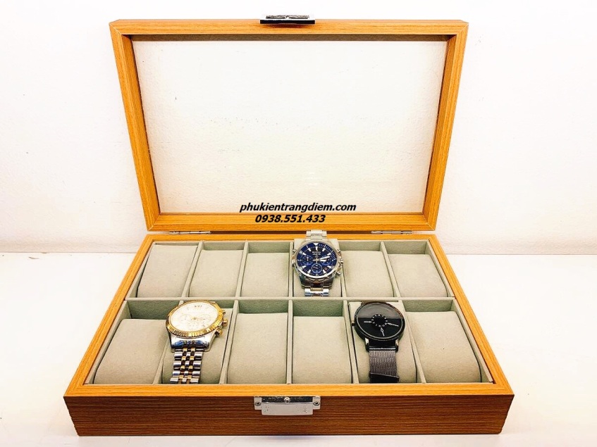 hộp gỗ đựng đồng hồ 12 chiếc bằng gỗ sần màu vàng giá rẻ