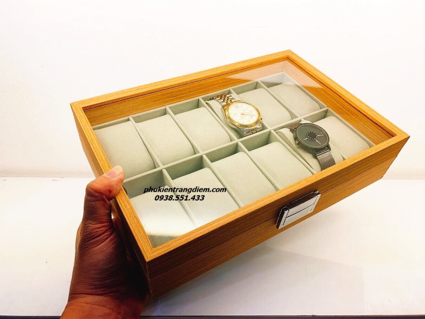 hộp gỗ đựng đồng hồ 12 chiếc bằng gỗ sần màu vàng giá rẻ