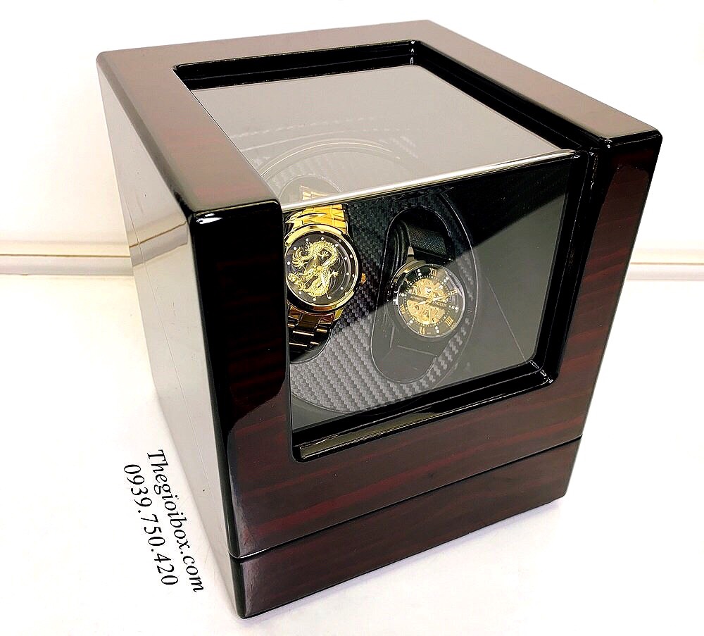 hộp đồng hồ cơ 2 xoay nâu vân gỗ da cacbon gối đeo chắc chắn cao cấp