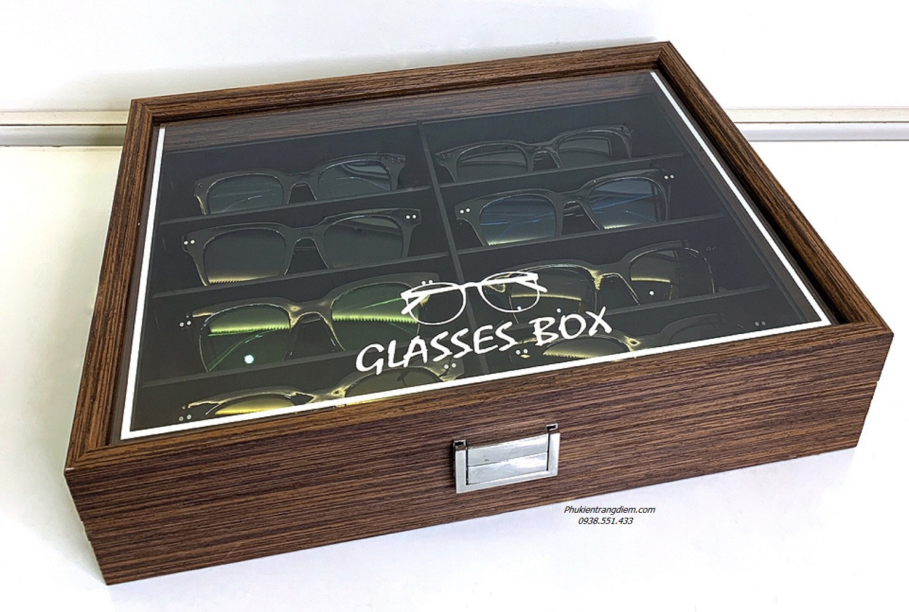 hộp 8 mắt kính gỗ sần nắp kính lót da pu có chữ cao cấp