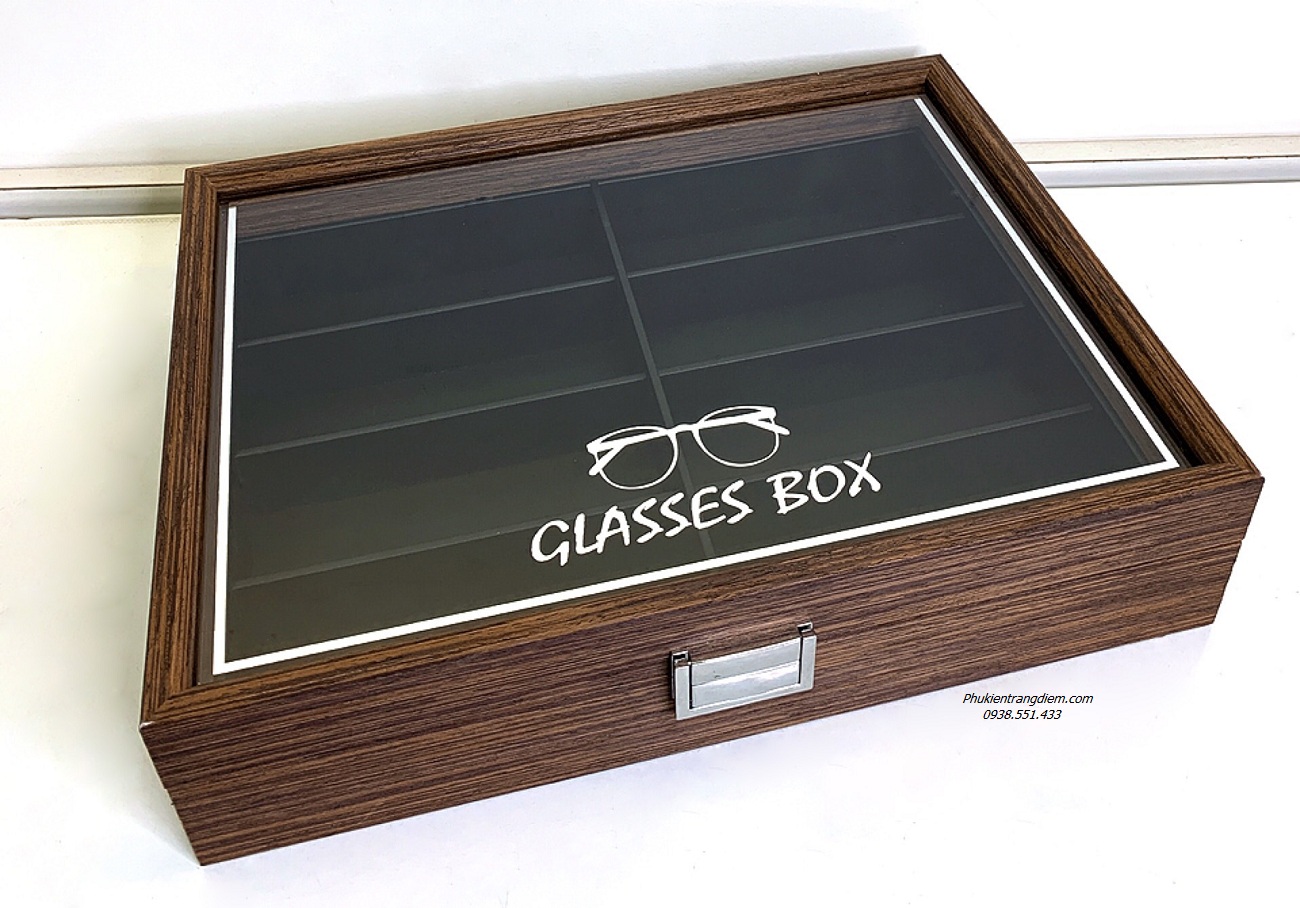 hộp 8 mắt kính gỗ sần nắp kính lót da pu có chữ cao cấp