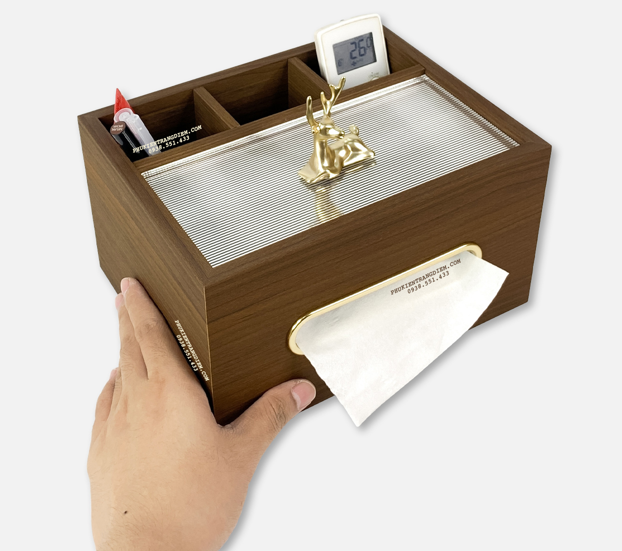 hộp đựng khăn giấy bằng gỗ cao cấp nắp hình hươu có ngăn đựng remote trang trí phòng khách