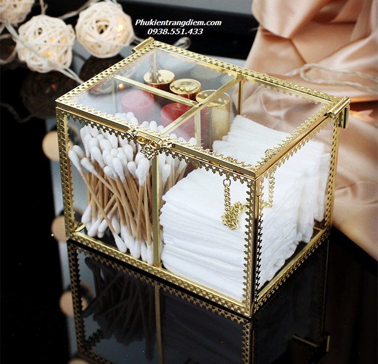 hộp đựng bông tẩy trang cotton và bông tăm golden sang trọng