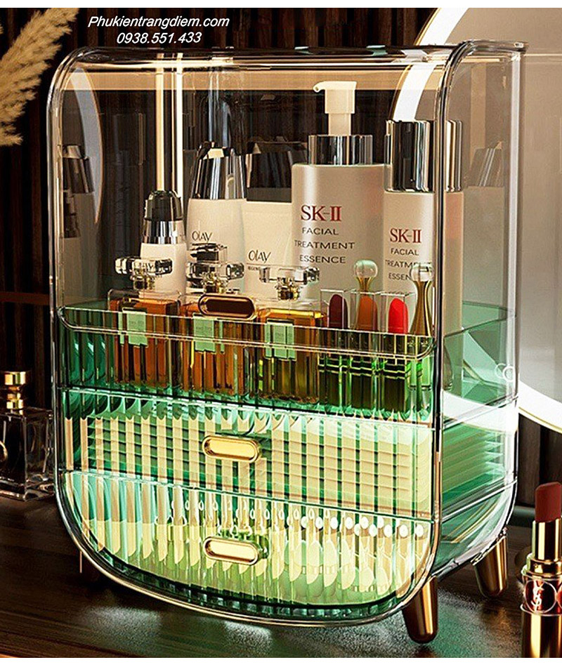 Tủ Hộp Kệ đựng đồ make up skincare để bàn có nắp chống bụi 3 tầng vỏ nhựa cao cấp